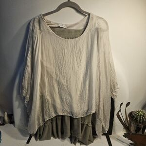 Cream Silk-look Large Blouse and Large Olive Green Skirt